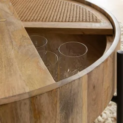 Table basse ronde en bois et en cannage Lucie