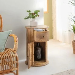 Table de chevet ronde en bois de manguier avec porte Maëva