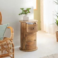 Table de chevet ronde en bois de manguier avec porte Maëva