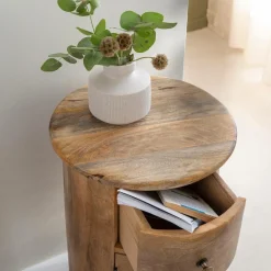 Table de chevet ronde en bois de manguier avec porte Maëva