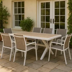 Table de jardin blanche et effet bois en aluminium Ayden
