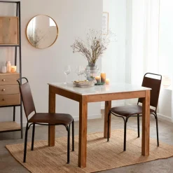 Table à manger carrée en bois d'acacia et marbre Arthuro