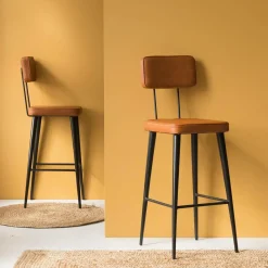 Tabouret de bar en cuir marron et métal noir Victoire