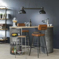 Tabouret de bar en cuir marron et métal noir Victoire