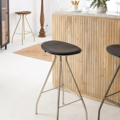 Tabouret de bar en cuir noir et métal Lya
