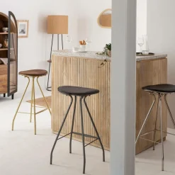 Tabouret de bar en cuir noir et métal Lya