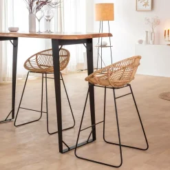 Tabouret de bar rond en rotin et métal Calvi